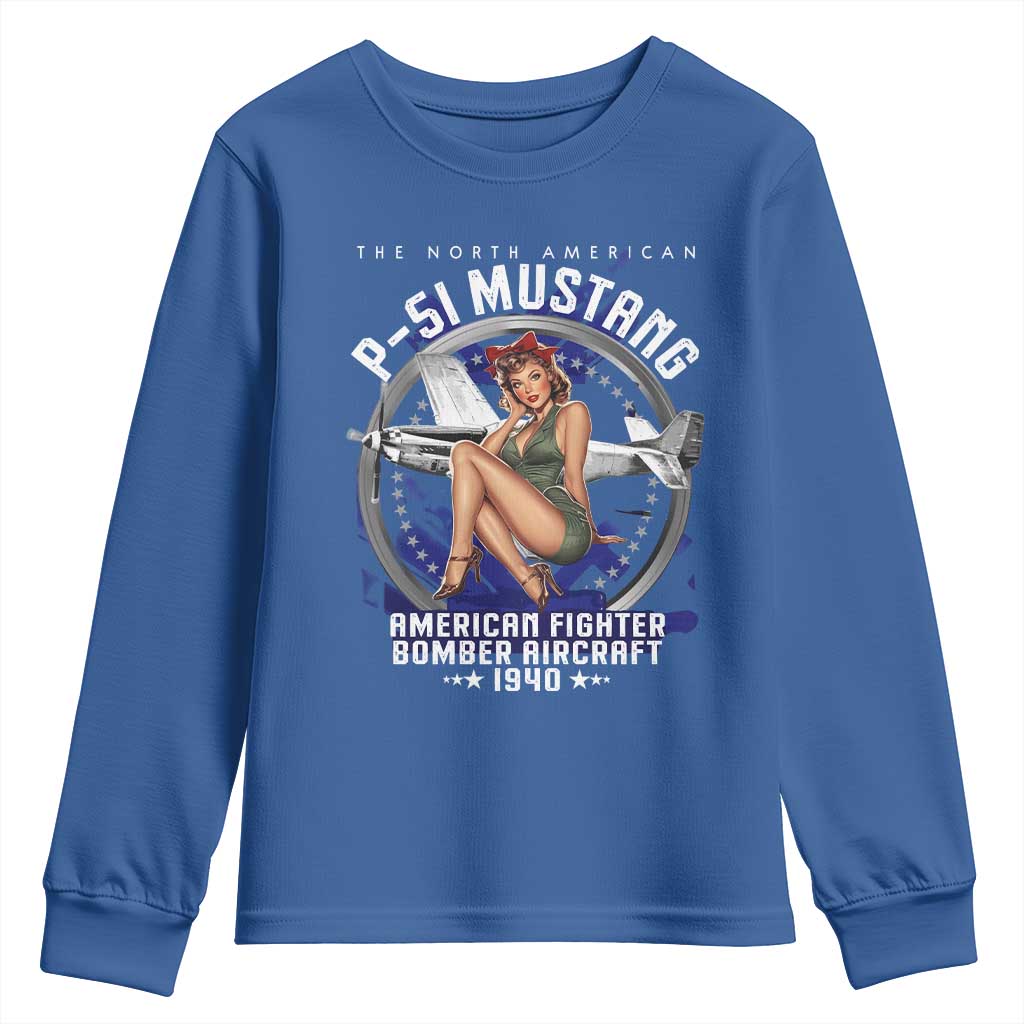 The North American P 51 Mustang American Fighter Bomber Aircraft Youth Sweatshirt WW2 Aircraft Pin Up Girl