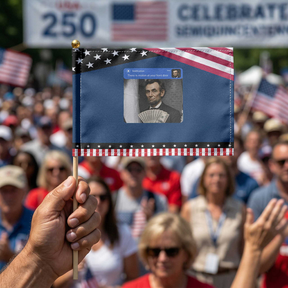 There is Motion At Your Front Door Abraham Lincoln Meme Patriotic Handheld Flag