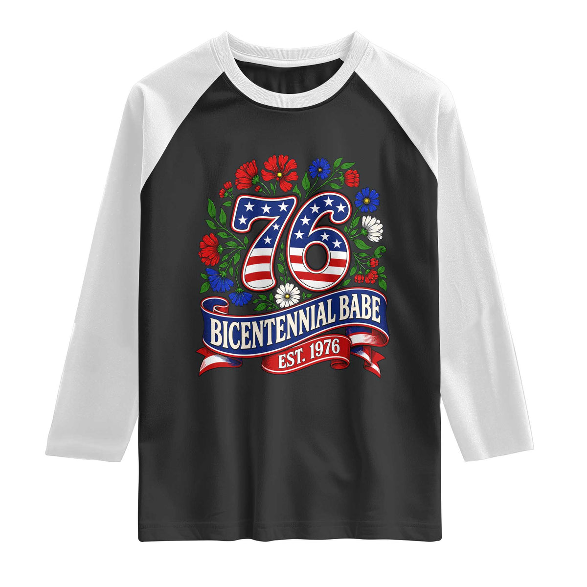 Bicentennial Babe 50th Birthday Raglan Shirt Vintage 1976 Retro USA Floral