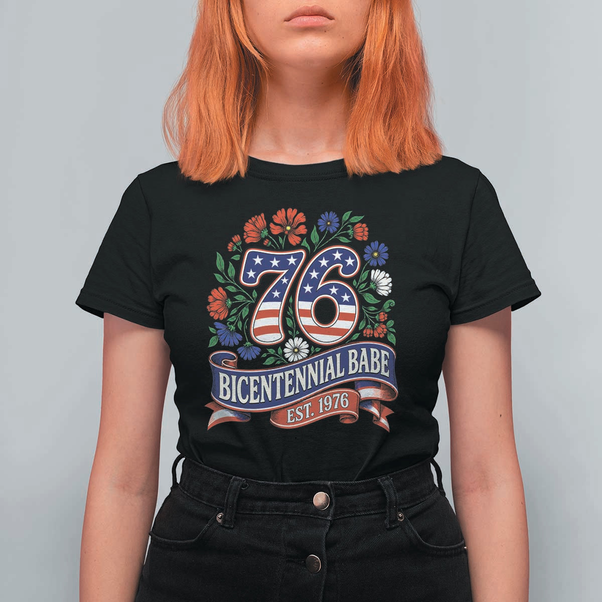Bicentennial Babe 50th Birthday T Shirt For Women Vintage 1976 Retro USA Floral
