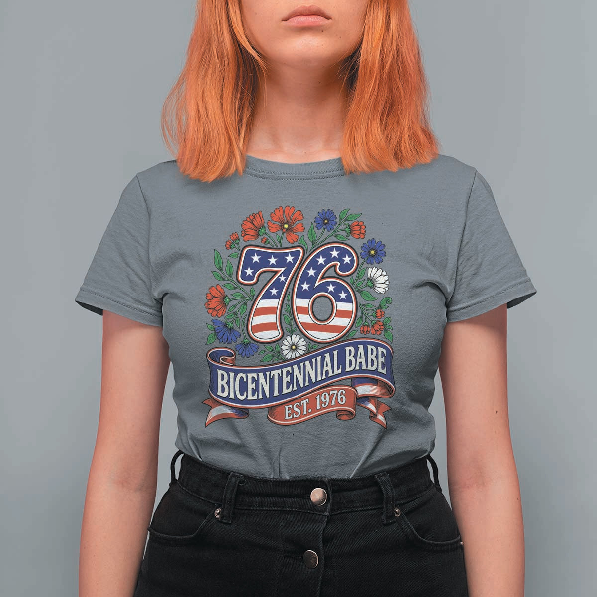 Bicentennial Babe 50th Birthday T Shirt For Women Vintage 1976 Retro USA Floral