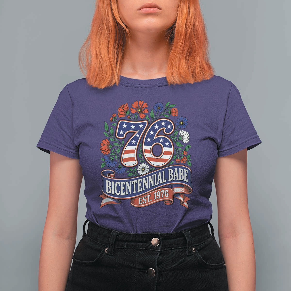 Bicentennial Babe 50th Birthday T Shirt For Women Vintage 1976 Retro USA Floral