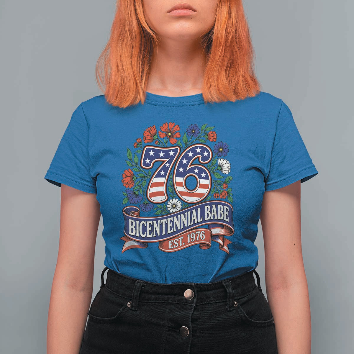 Bicentennial Babe 50th Birthday T Shirt For Women Vintage 1976 Retro USA Floral