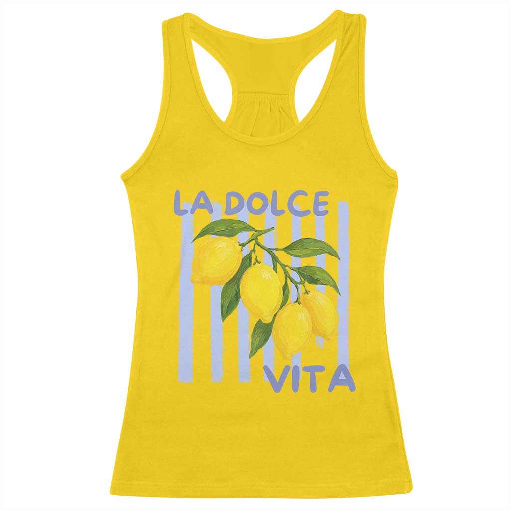 La Dolce Vita Lemon Italian Summer Racerback Tank Top Blue Striped