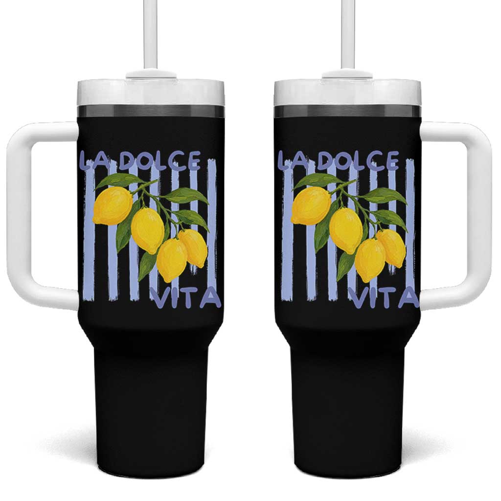 La Dolce Vita Lemon Italian Summer Tumbler With Handle Blue Striped