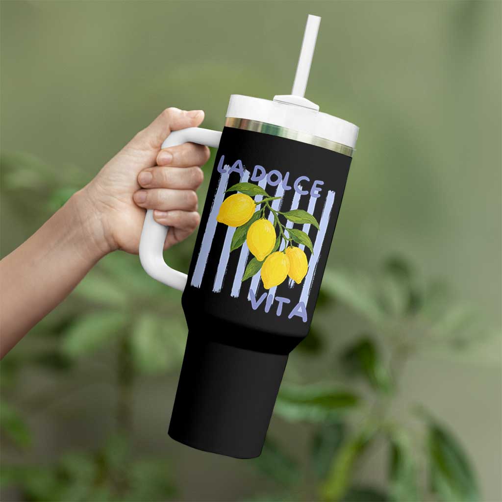 La Dolce Vita Lemon Italian Summer Tumbler With Handle Blue Striped