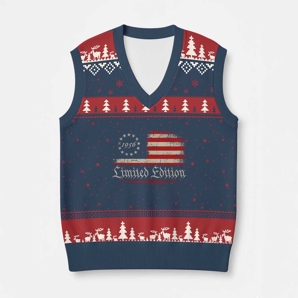 70th Birthday 1956 Limited Edition V-Neck Knit Sweater Vest Gifts for 70 Years Old Vintage American Flag