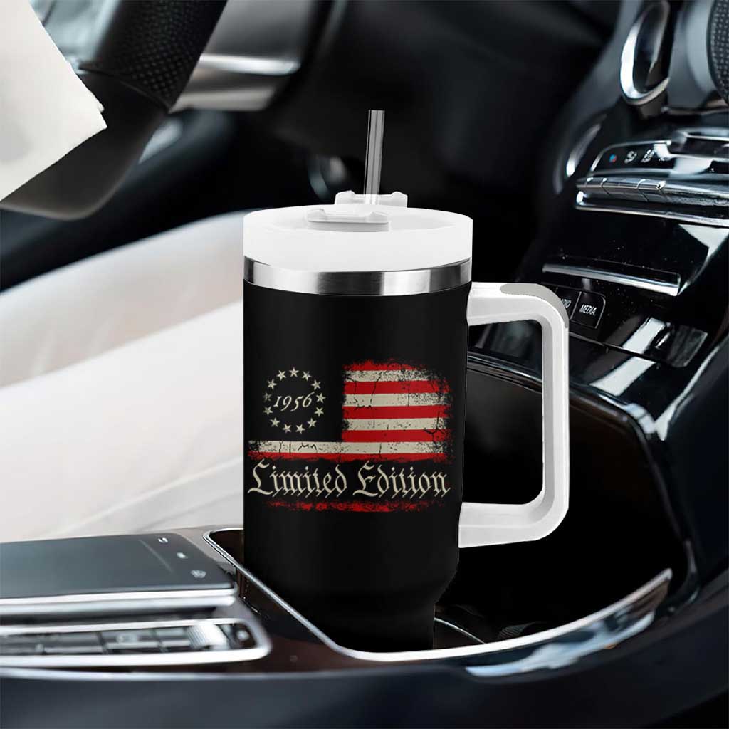 70th Birthday 1956 Limited Edition Tumbler With Handle Gifts for 70 Years Old Vintage American Flag