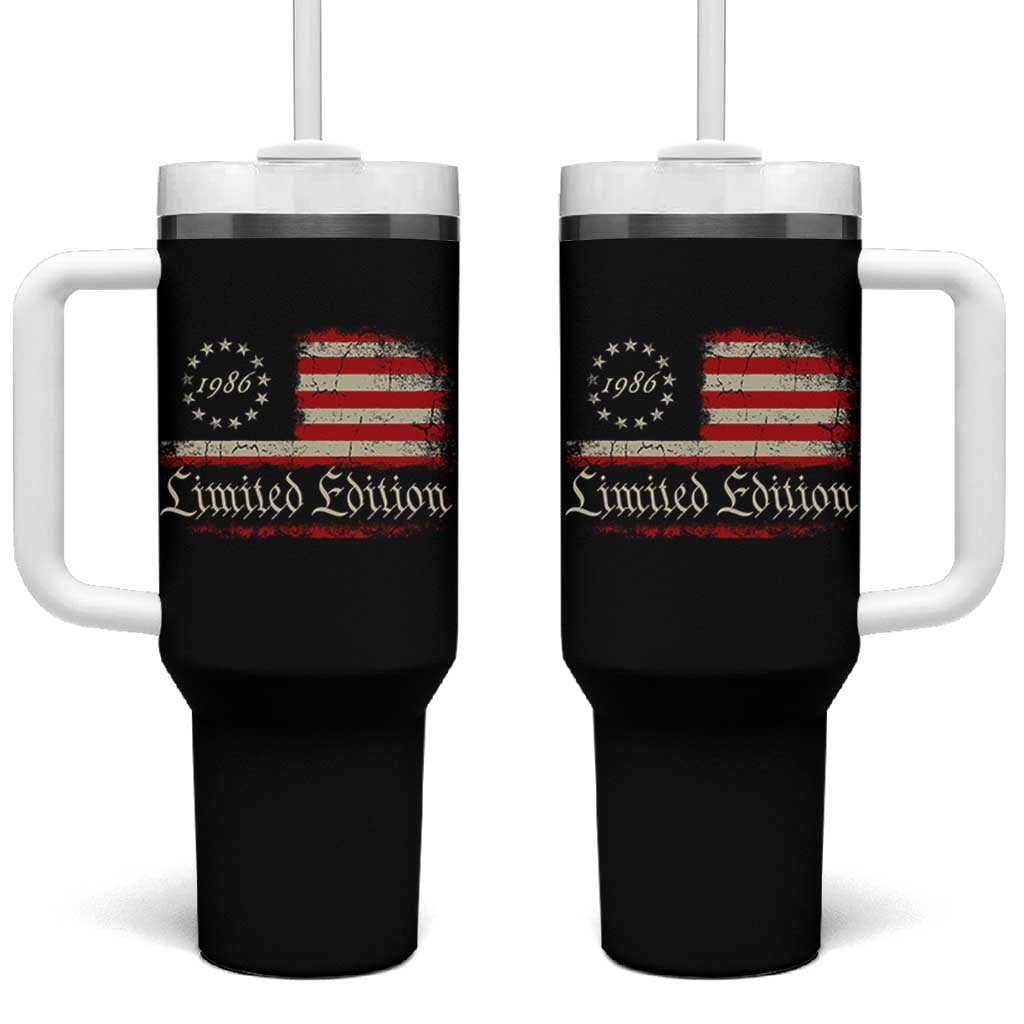 40th Birthday 1986 Limited Edition Tumbler With Handle Gifts for 40 Years Old Vintage American Flag