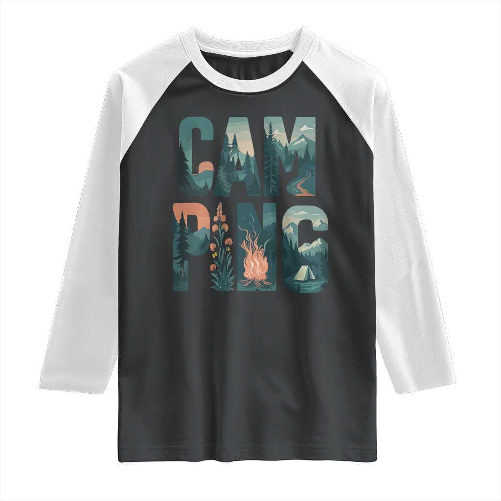 Camping Nature Adventure Campfire Tent Mountains Raglan Shirt - Wonder Print Shop