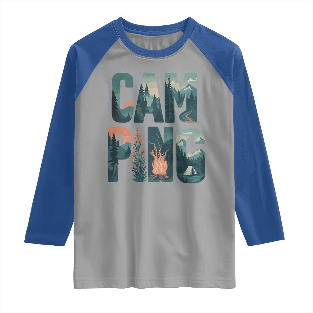 Camping Nature Adventure Campfire Tent Mountains Raglan Shirt - Wonder Print Shop