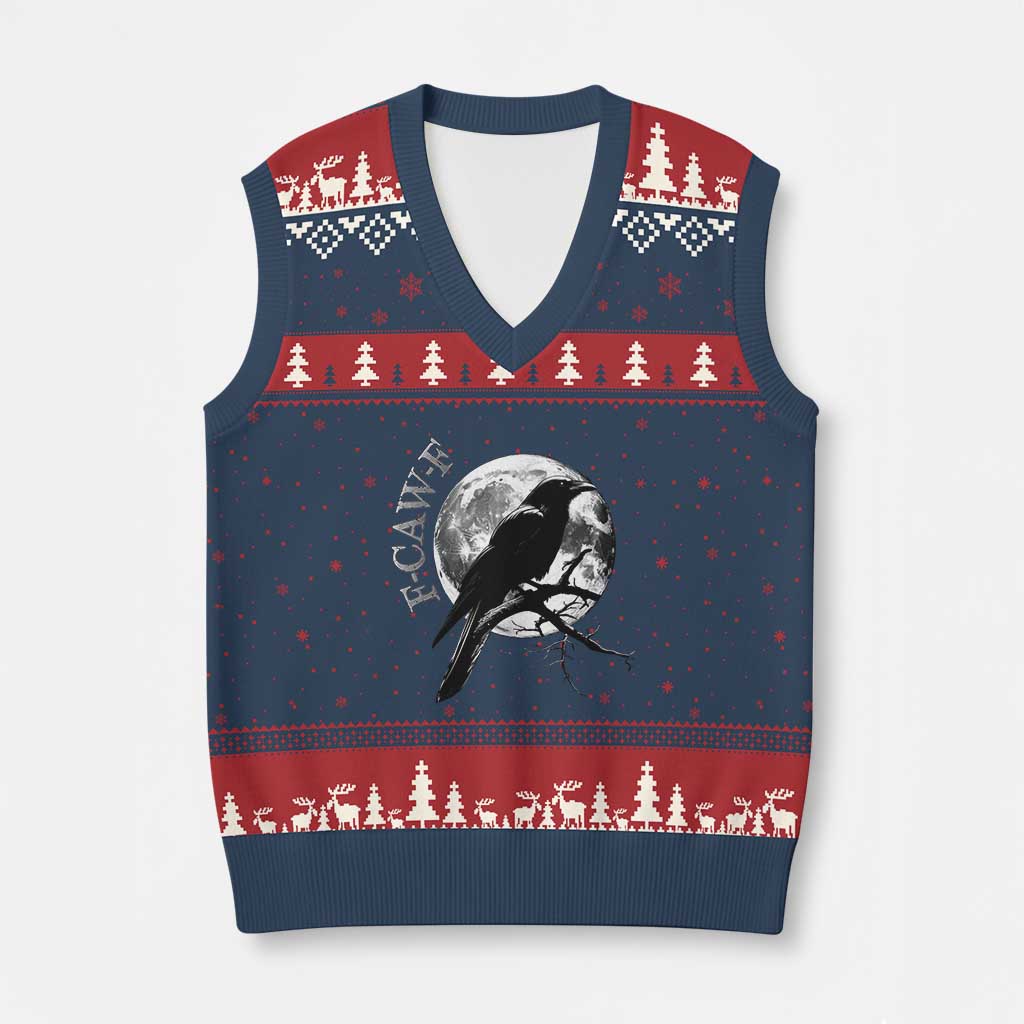 Funny F Caw F V-Neck Knit Sweater Vest Black Crow Moon Gothic Adult Humor - Wonder Print Shop