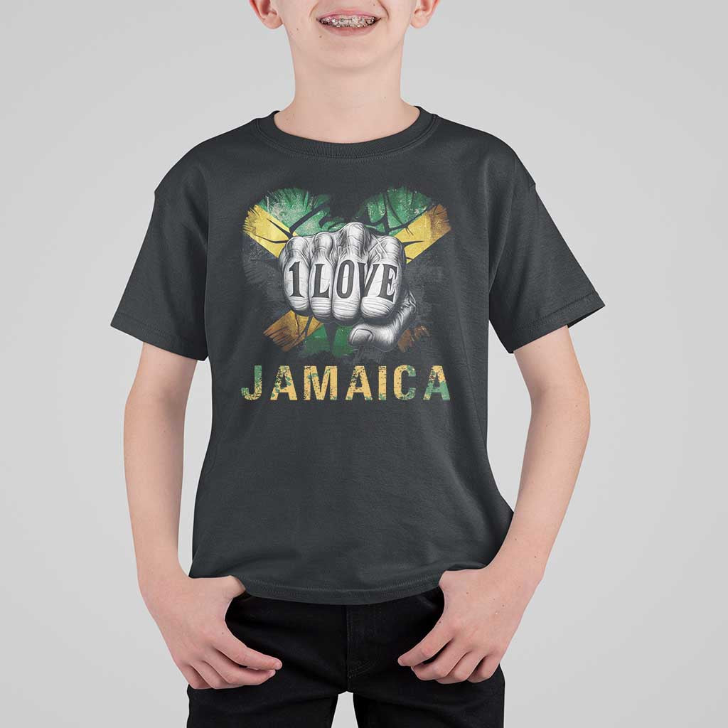 Jamaica One Love T Shirt For Kid Rasta Reggae Punching Hand Jamaican Flag - Wonder Print Shop