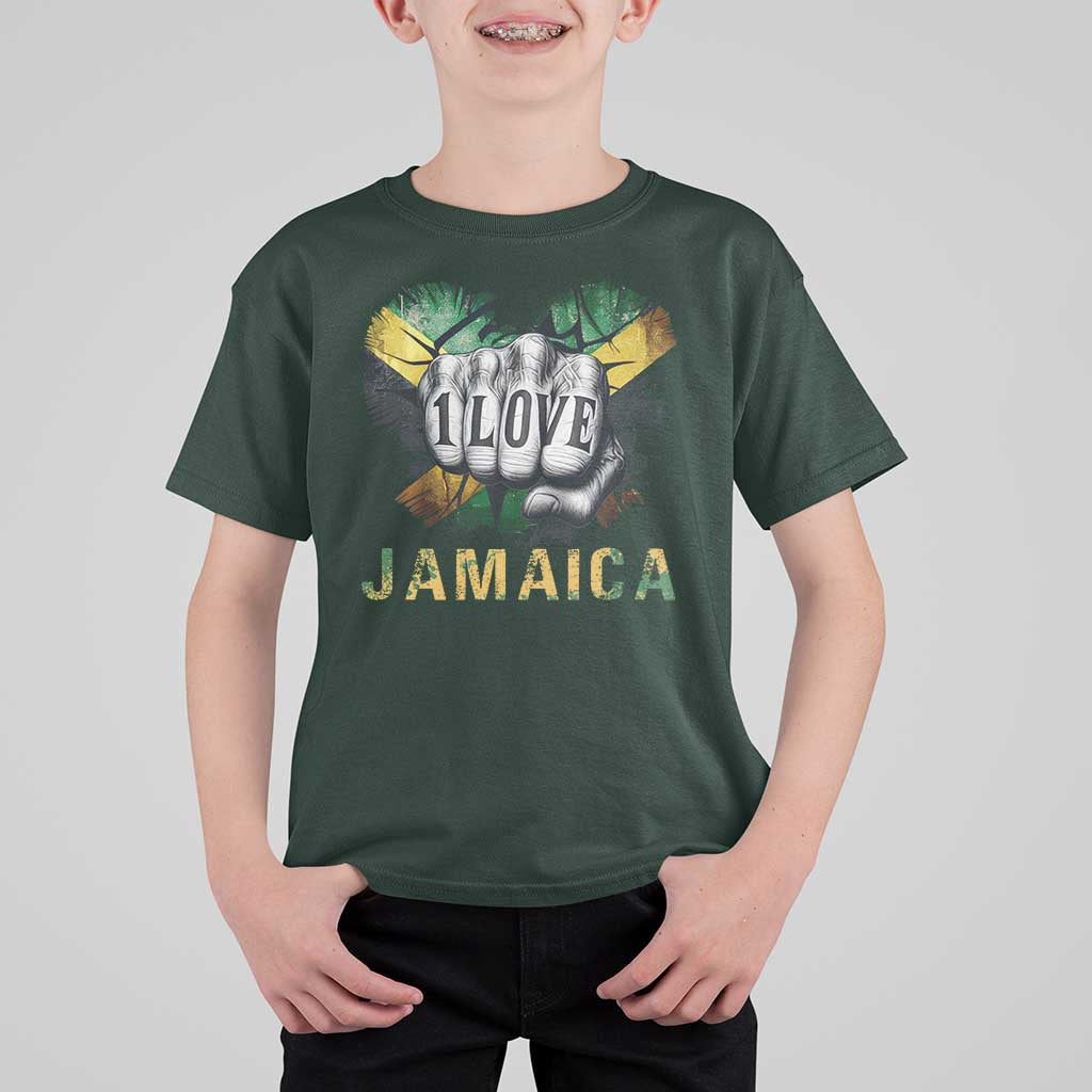 Jamaica One Love T Shirt For Kid Rasta Reggae Punching Hand Jamaican Flag - Wonder Print Shop