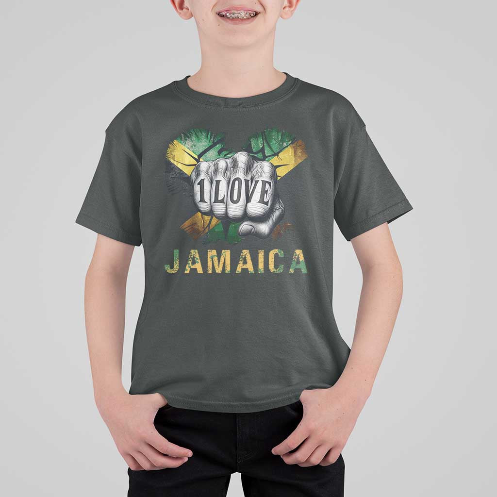 Jamaica One Love T Shirt For Kid Rasta Reggae Punching Hand Jamaican Flag - Wonder Print Shop