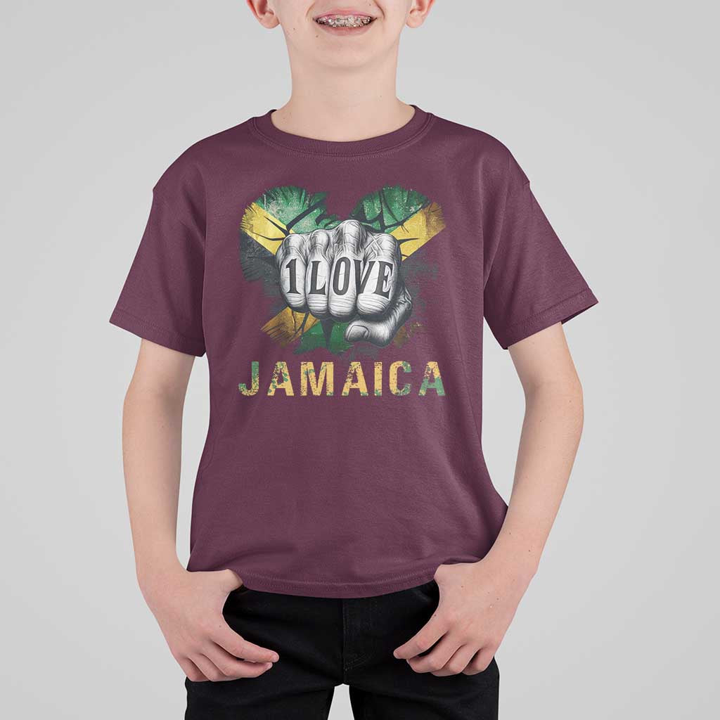 Jamaica One Love T Shirt For Kid Rasta Reggae Punching Hand Jamaican Flag - Wonder Print Shop