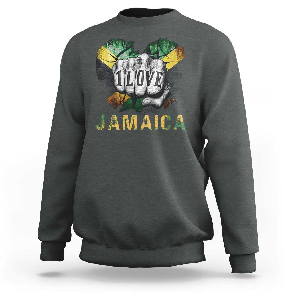 Jamaica One Love Sweatshirt Rasta Reggae Punching Hand Jamaican Flag - Wonder Print Shop