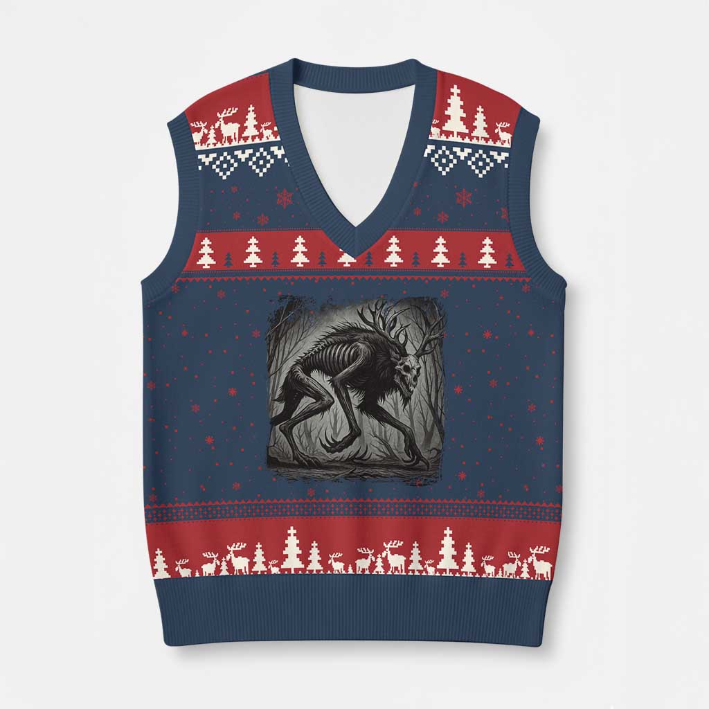 Wendigo Monster V-Neck Knit Sweater Vest Skinwalker Night Stroll Cryptid Dark Forest - Wonder Print Shop