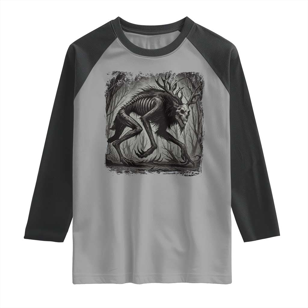 Wendigo Monster Raglan Shirt Skinwalker Night Stroll Cryptid Dark Forest - Wonder Print Shop