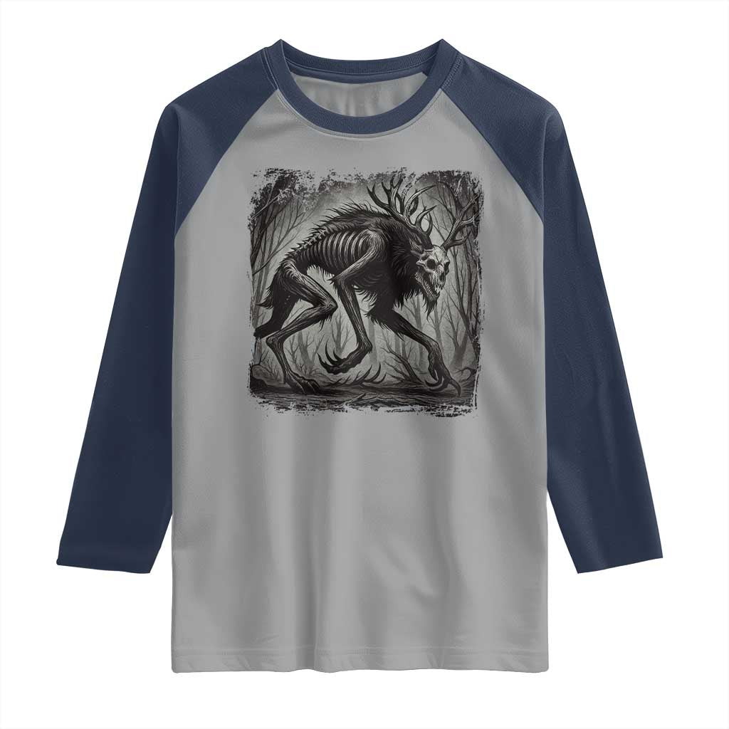 Wendigo Monster Raglan Shirt Skinwalker Night Stroll Cryptid Dark Forest - Wonder Print Shop