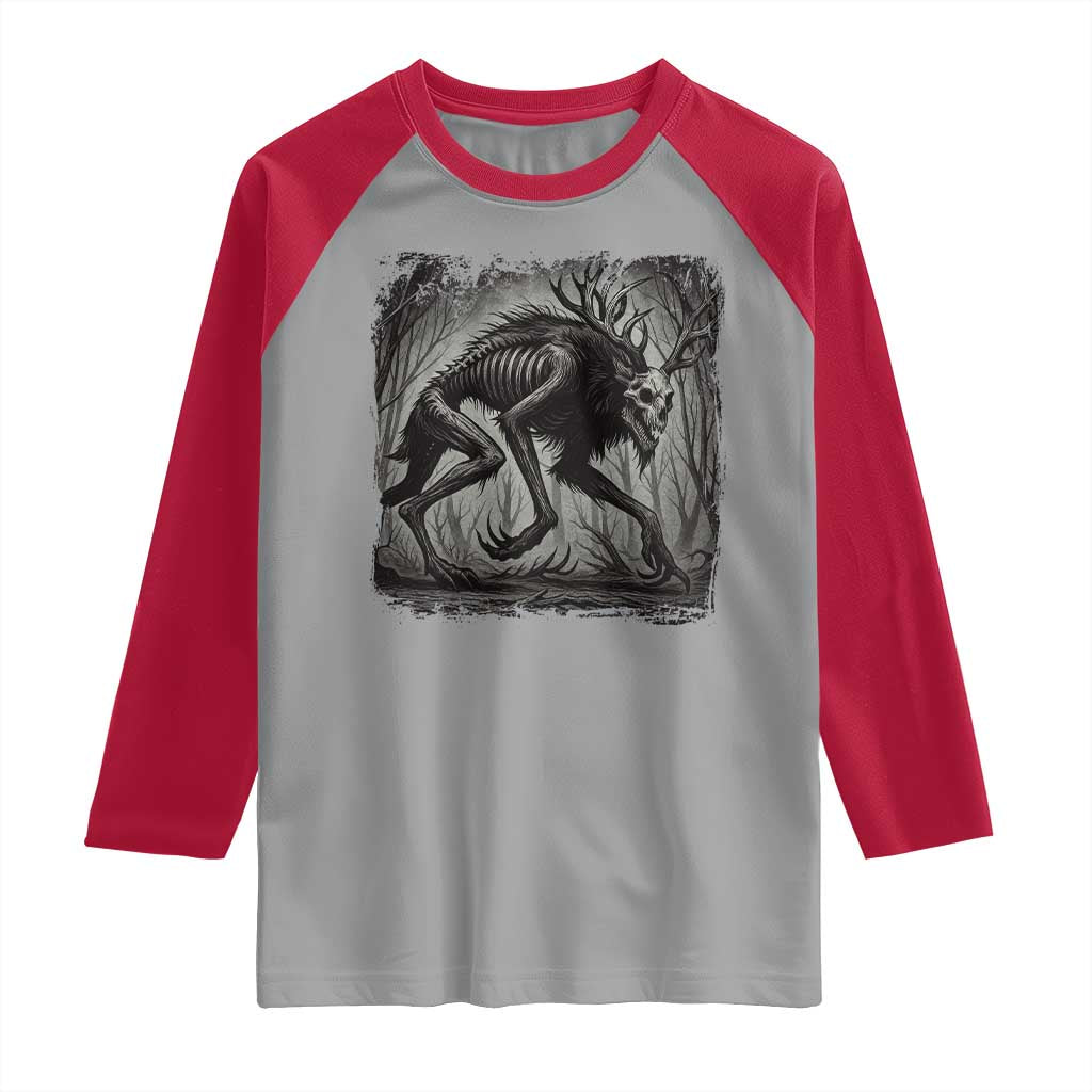 Wendigo Monster Raglan Shirt Skinwalker Night Stroll Cryptid Dark Forest - Wonder Print Shop
