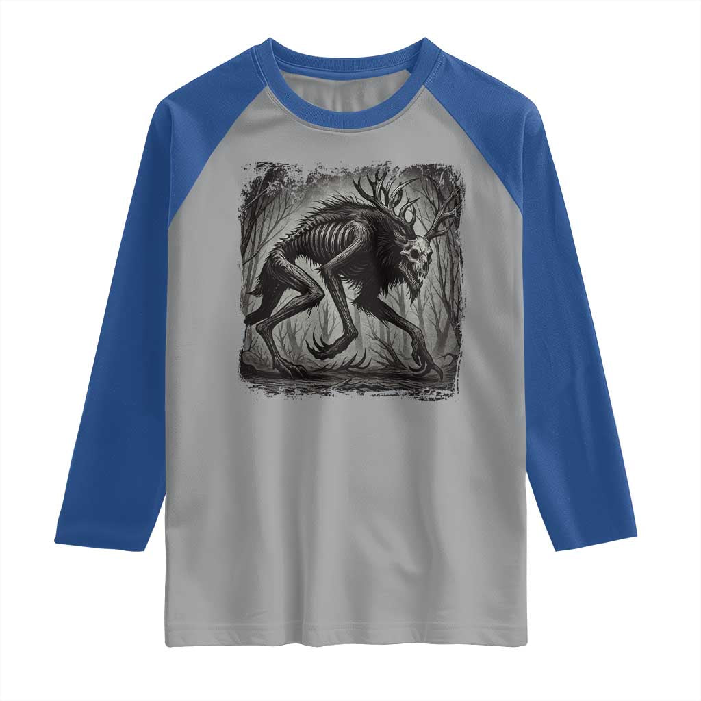 Wendigo Monster Raglan Shirt Skinwalker Night Stroll Cryptid Dark Forest - Wonder Print Shop