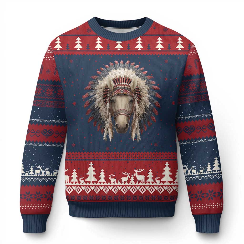 Horse Native American Indigenous Heritage War Bonnet Ugly Christmas Sweater - Wonder Print Shop