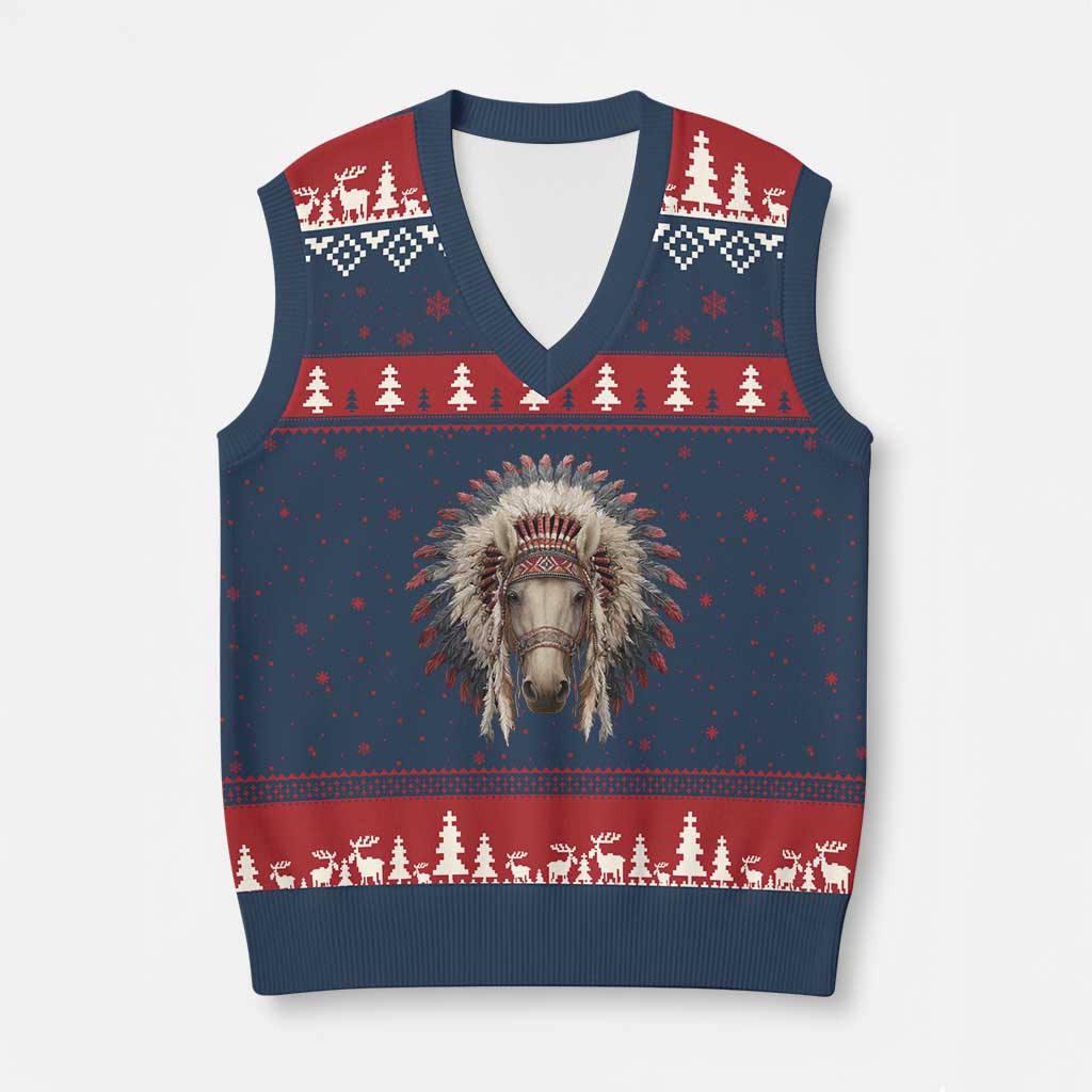 Horse Native American Indigenous Heritage War Bonnet V-Neck Knit Sweater Vest - Wonder Print Shop