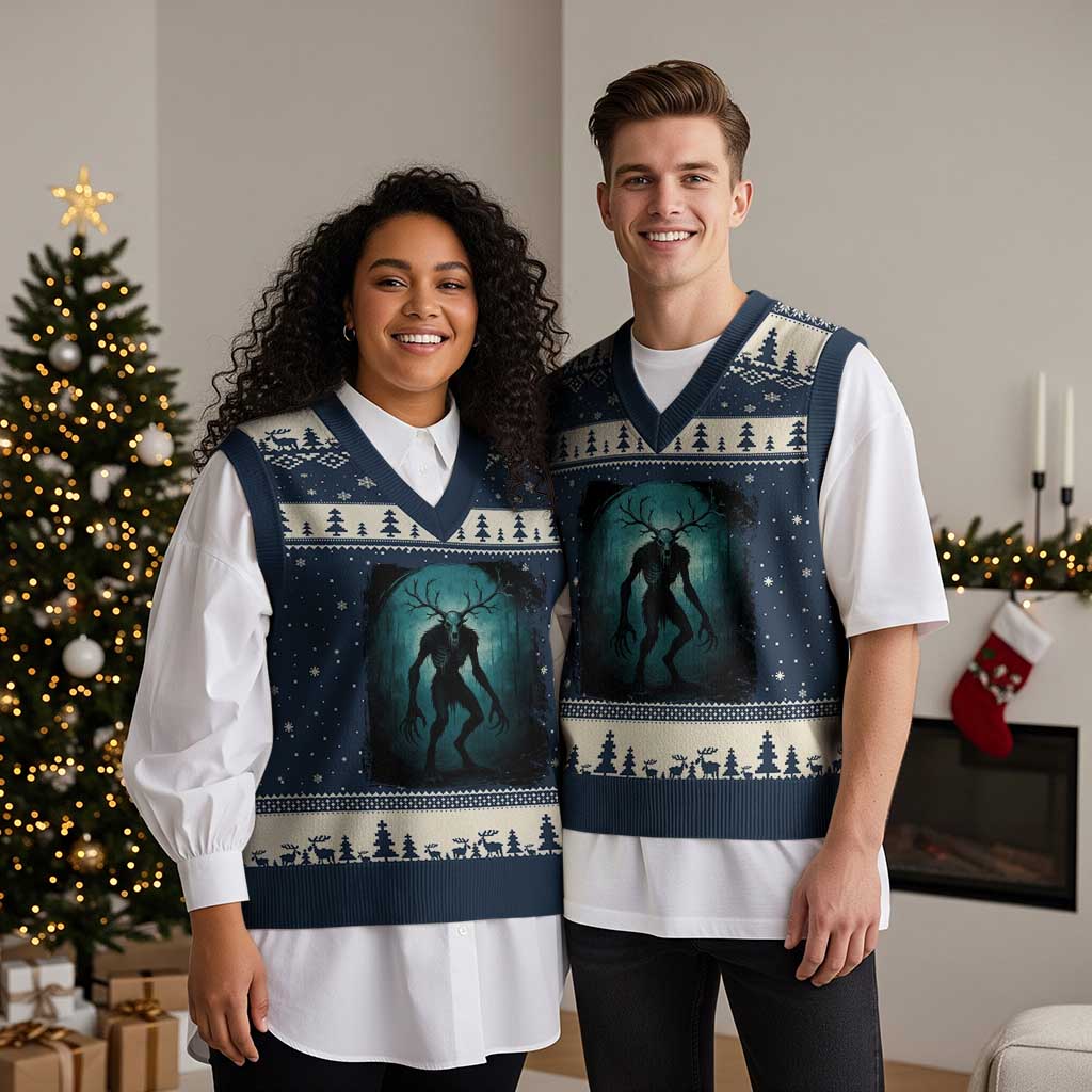 Wendigo Monster Skinwalker Mythical Cryptid Dark Forest V-Neck Knit Sweater Vest - Wonder Print Shop