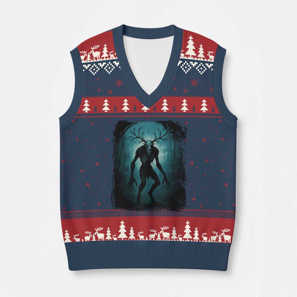 Wendigo Monster Skinwalker Mythical Cryptid Dark Forest V-Neck Knit Sweater Vest - Wonder Print Shop