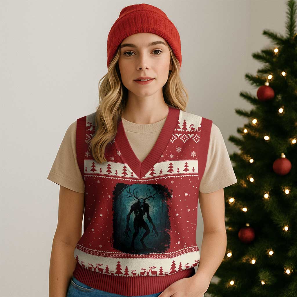 Wendigo Monster Skinwalker Mythical Cryptid Dark Forest V-Neck Knit Sweater Vest - Wonder Print Shop