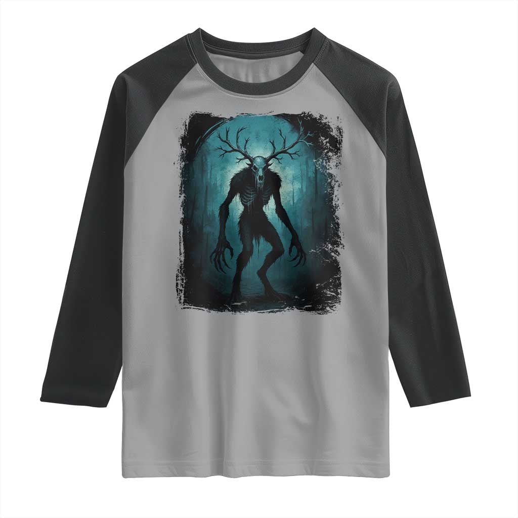 Wendigo Monster Skinwalker Mythical Cryptid Dark Forest Raglan Shirt - Wonder Print Shop