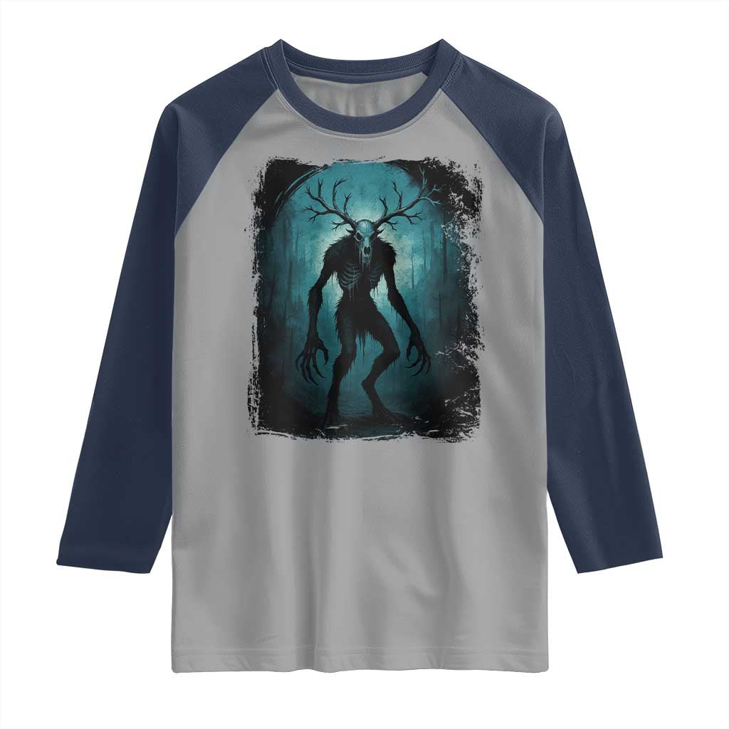 Wendigo Monster Skinwalker Mythical Cryptid Dark Forest Raglan Shirt - Wonder Print Shop