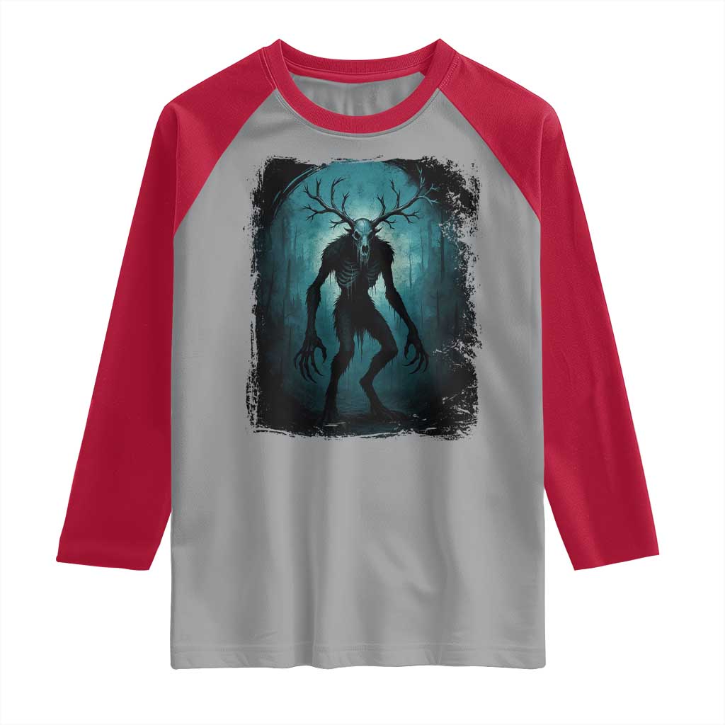 Wendigo Monster Skinwalker Mythical Cryptid Dark Forest Raglan Shirt - Wonder Print Shop