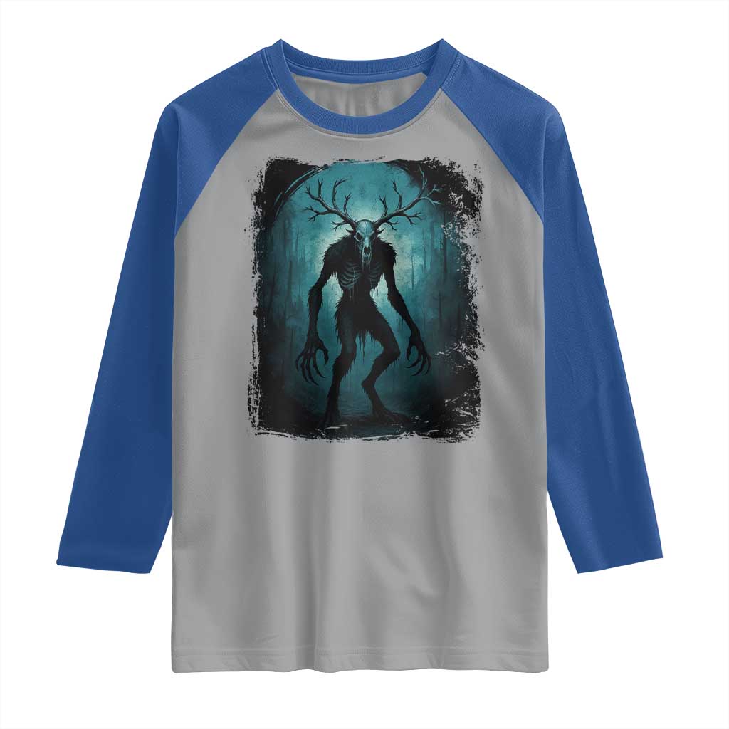 Wendigo Monster Skinwalker Mythical Cryptid Dark Forest Raglan Shirt - Wonder Print Shop