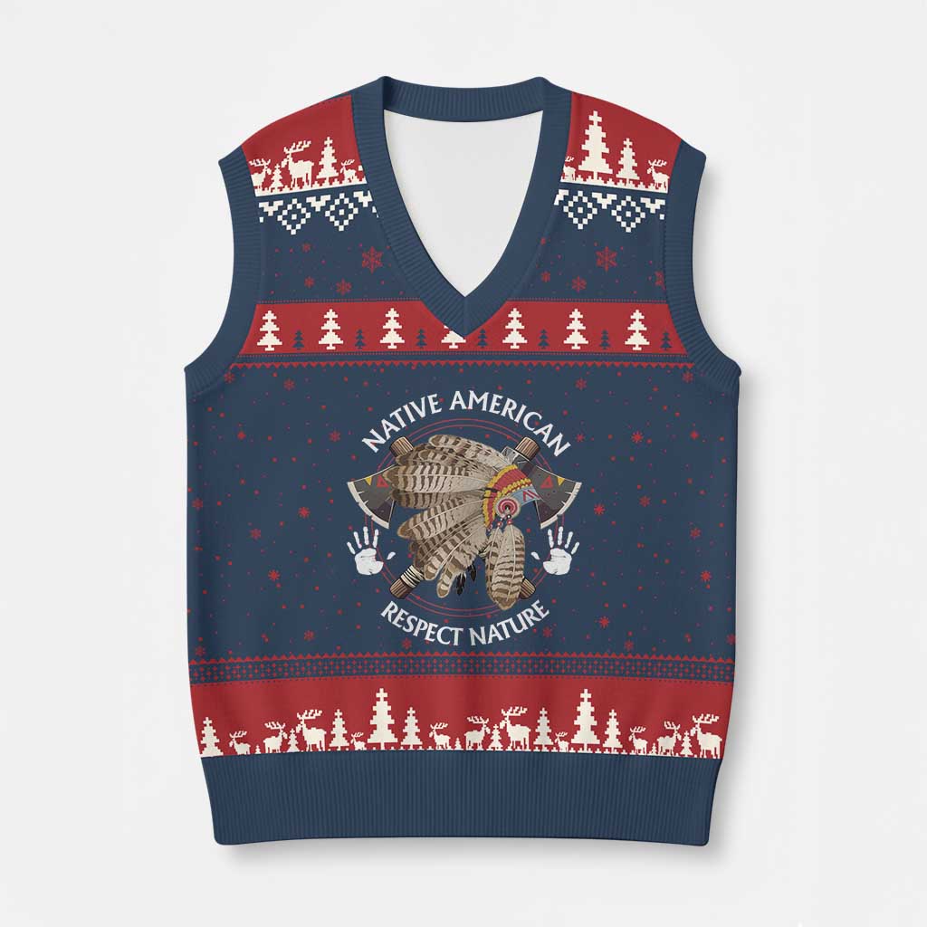 Native American Respect Nature V-Neck Knit Sweater Vest Indigenous Indian War Bonnet Tomahawks - Wonder Print Shop