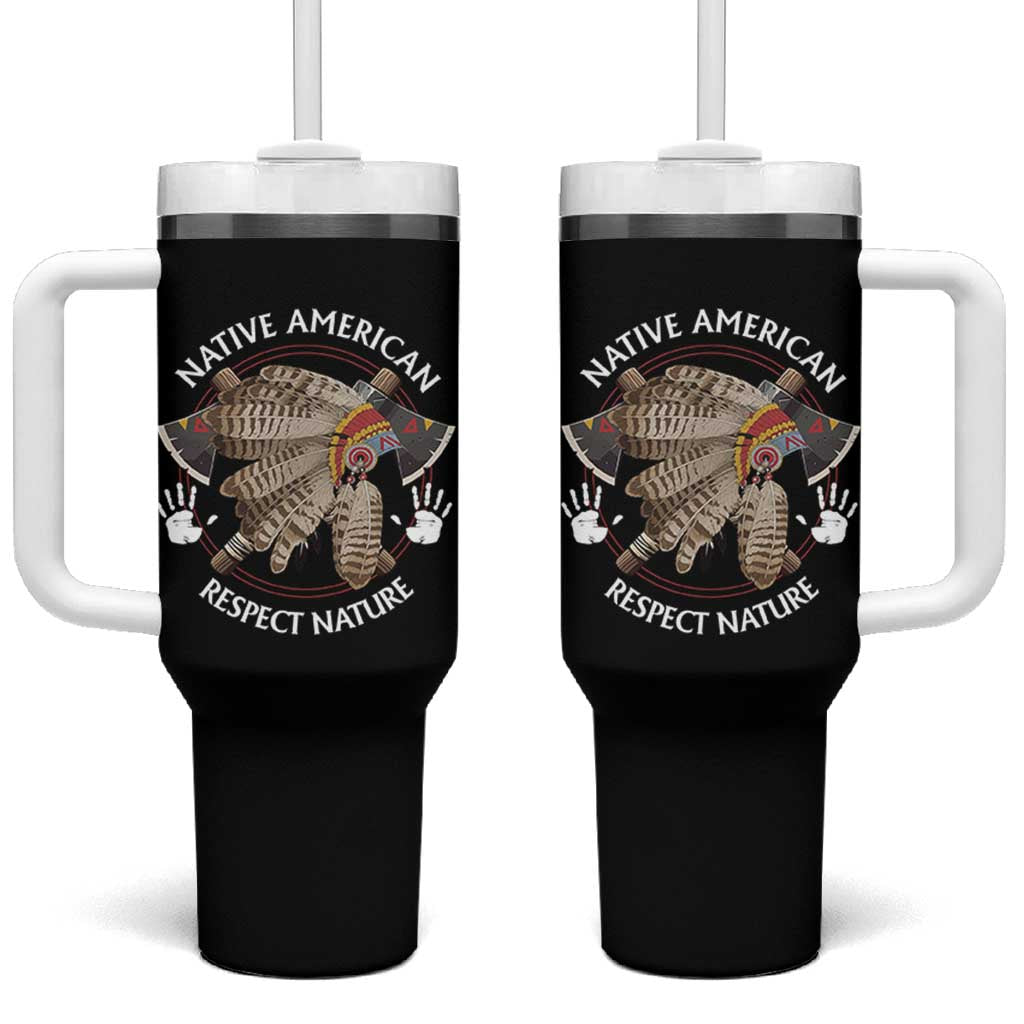 Native American Respect Nature Tumbler With Handle Indigenous Indian War Bonnet Tomahawks - Wonder Print Shop