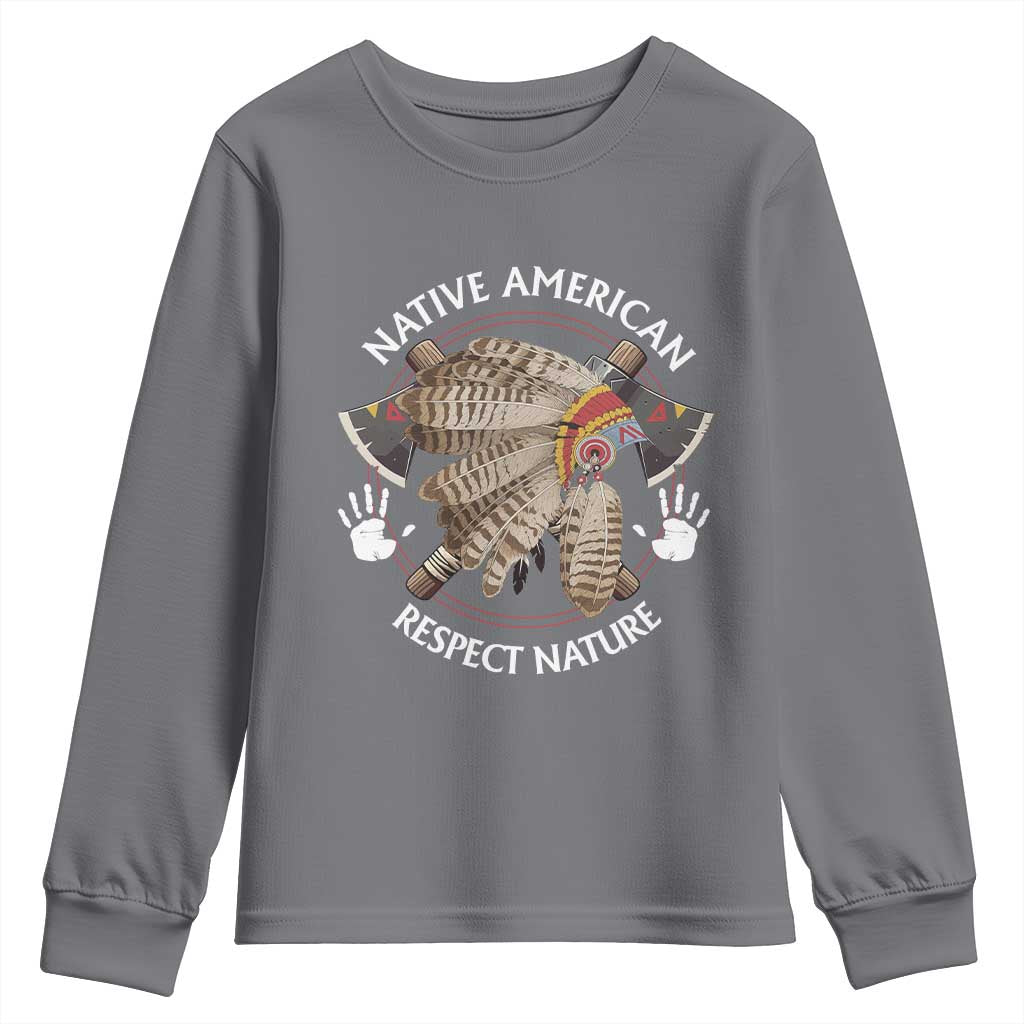 Native American Respect Nature Youth Sweatshirt Indigenous Indian War Bonnet Tomahawks - Wonder Print Shop