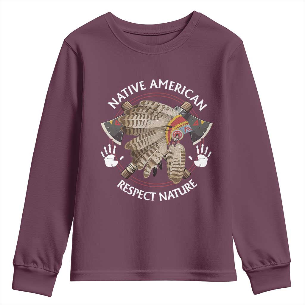 Native American Respect Nature Youth Sweatshirt Indigenous Indian War Bonnet Tomahawks - Wonder Print Shop