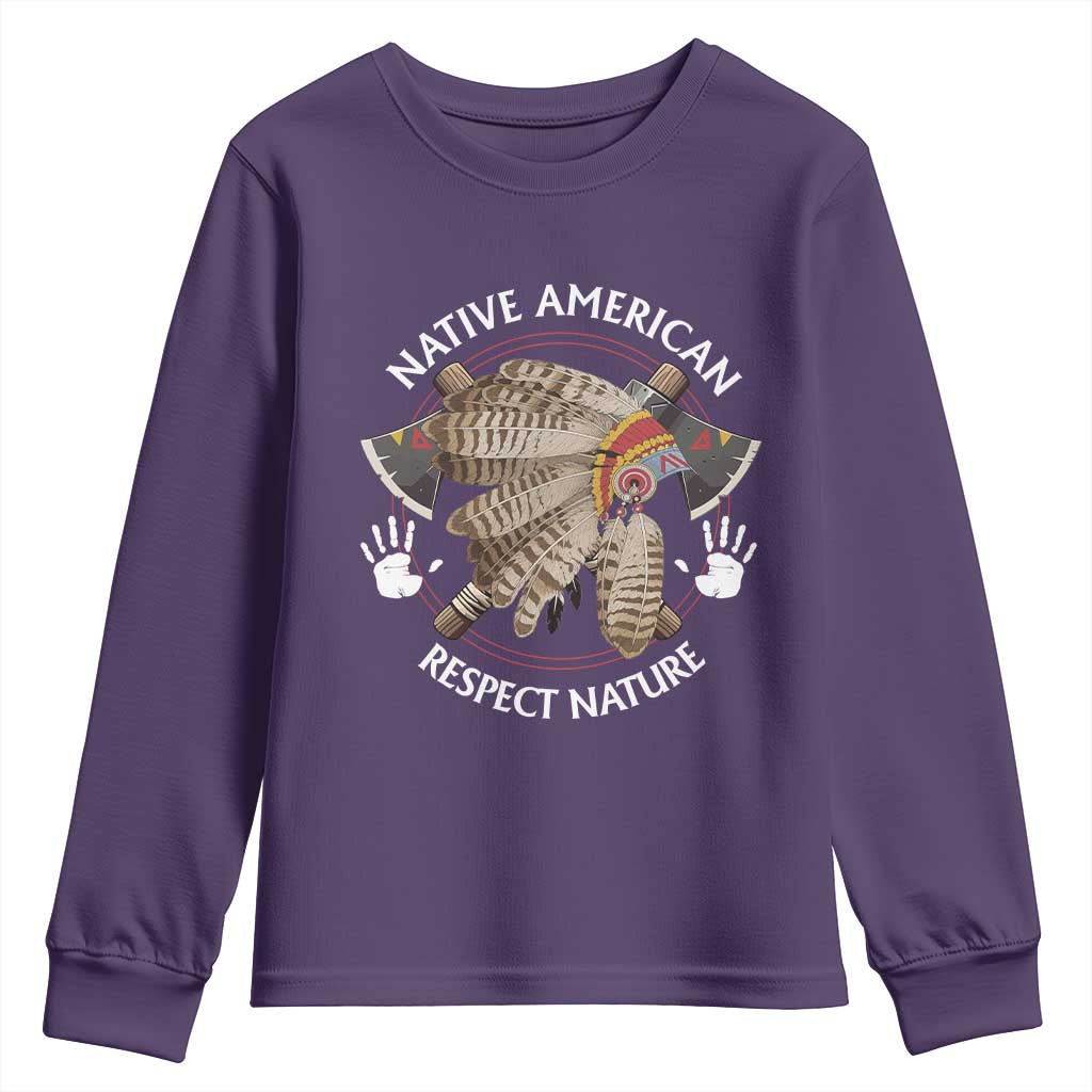 Native American Respect Nature Youth Sweatshirt Indigenous Indian War Bonnet Tomahawks - Wonder Print Shop