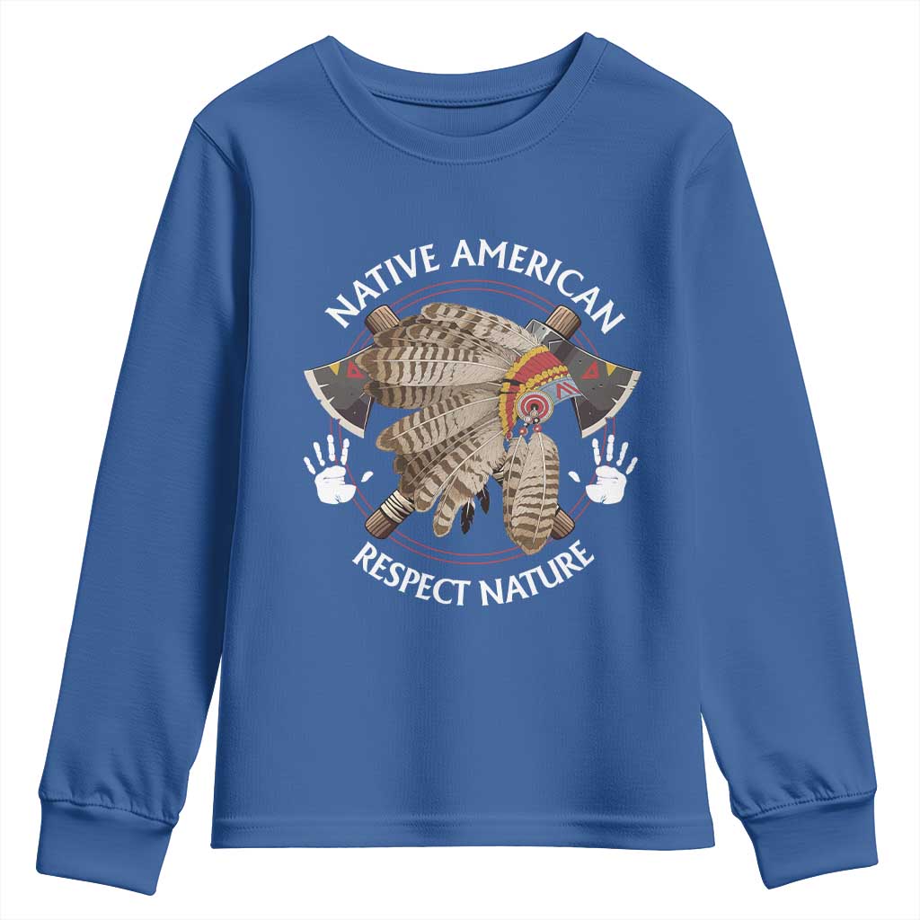Native American Respect Nature Youth Sweatshirt Indigenous Indian War Bonnet Tomahawks - Wonder Print Shop