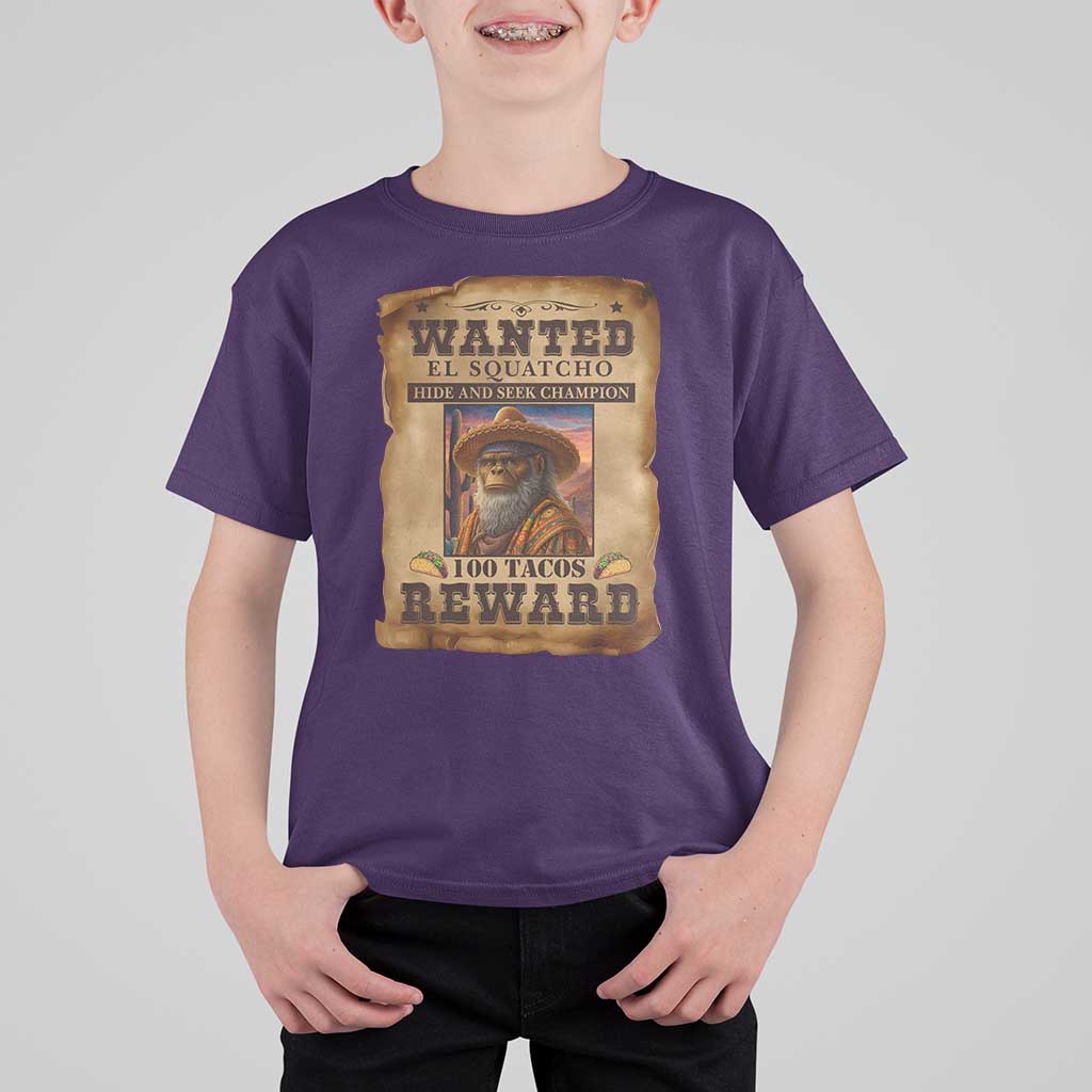 Funny Wanted El Squatcho T Shirt For Kid Hide And Seek Champion Western Poncho Mexican Bigfoot - Wonder Print Shop