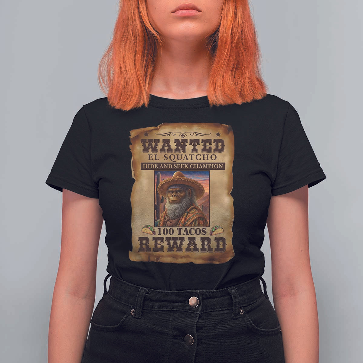Funny Wanted El Squatcho T Shirt For Women Hide And Seek Champion Western Poncho Mexican Bigfoot - Wonder Print Shop