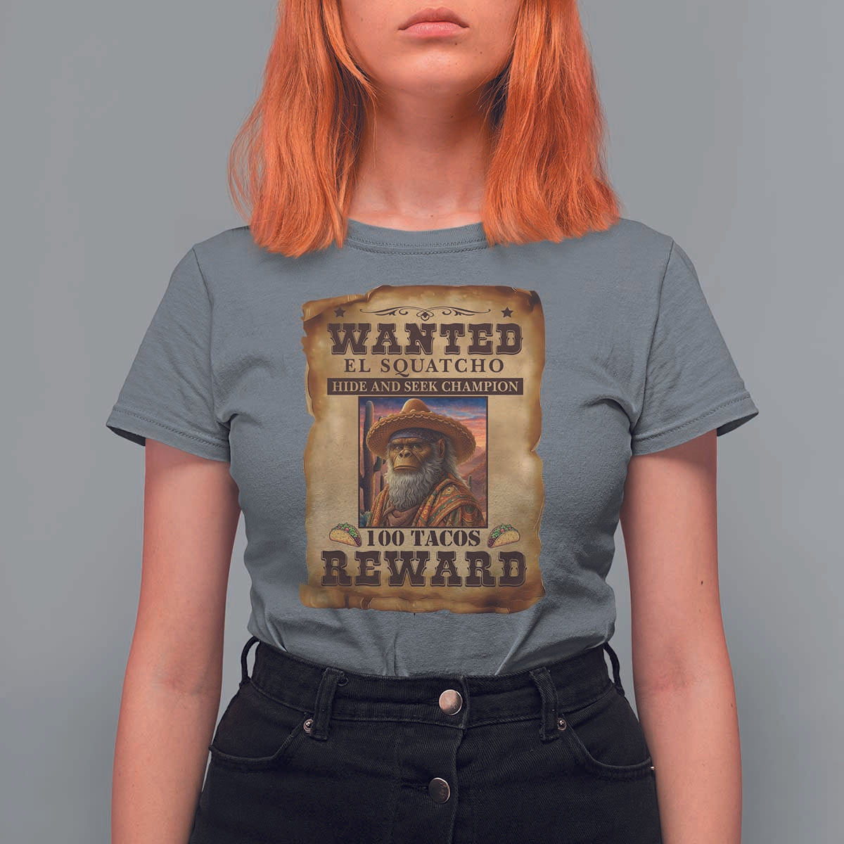 Funny Wanted El Squatcho T Shirt For Women Hide And Seek Champion Western Poncho Mexican Bigfoot - Wonder Print Shop