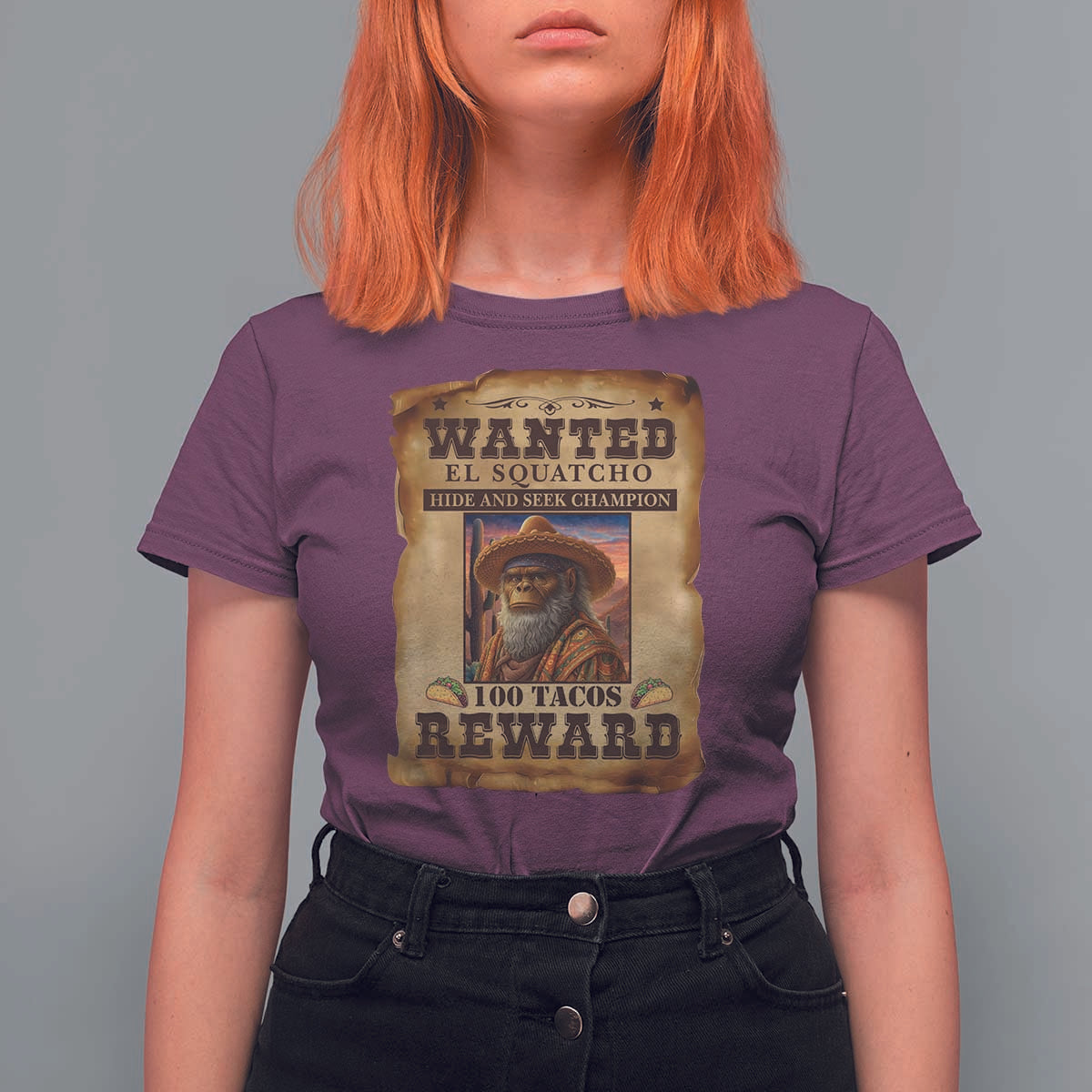 Funny Wanted El Squatcho T Shirt For Women Hide And Seek Champion Western Poncho Mexican Bigfoot - Wonder Print Shop