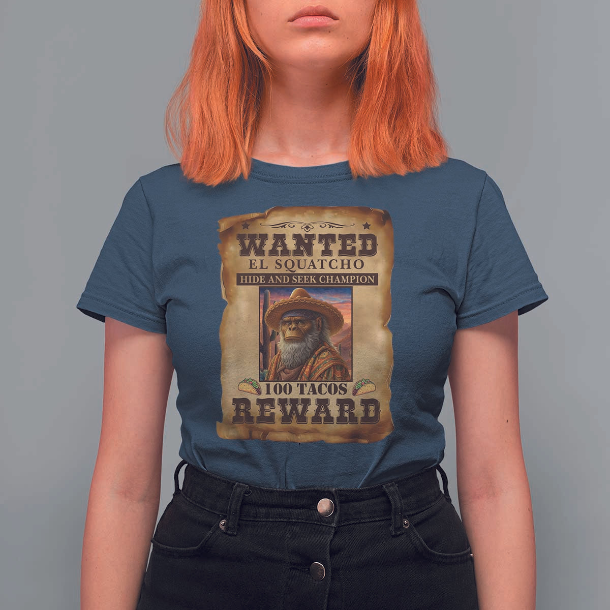 Funny Wanted El Squatcho T Shirt For Women Hide And Seek Champion Western Poncho Mexican Bigfoot - Wonder Print Shop