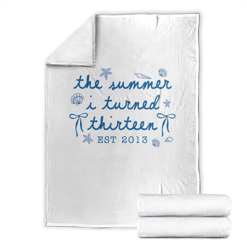 The Summer I Turned Thirteen Funny 13th Birthday Est 2013 Throw Blanket Summer Coastal Birthday Seashell Bow