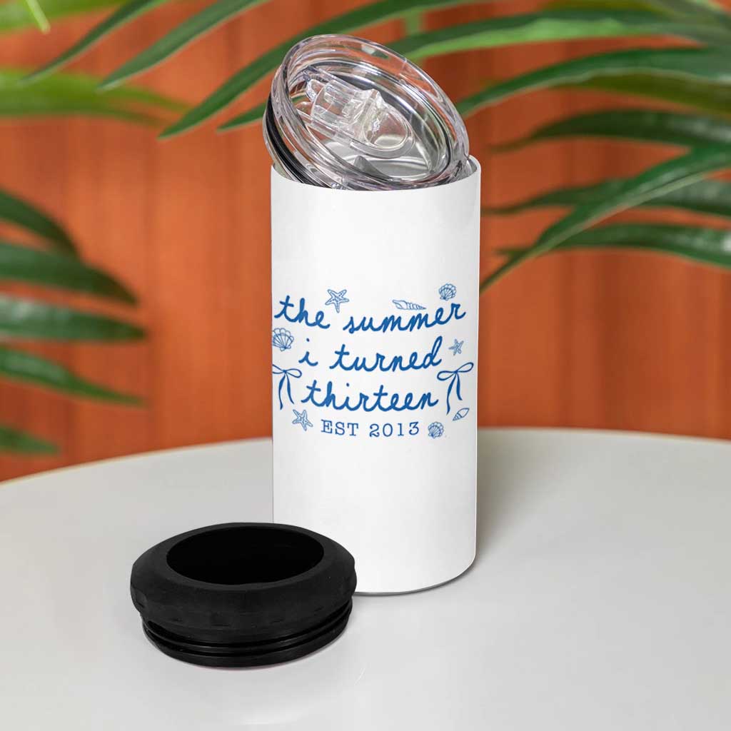 The Summer I Turned Thirteen Funny 13th Birthday Est 2013 4 in 1 Can Cooler Tumbler Summer Coastal Birthday Seashell Bow