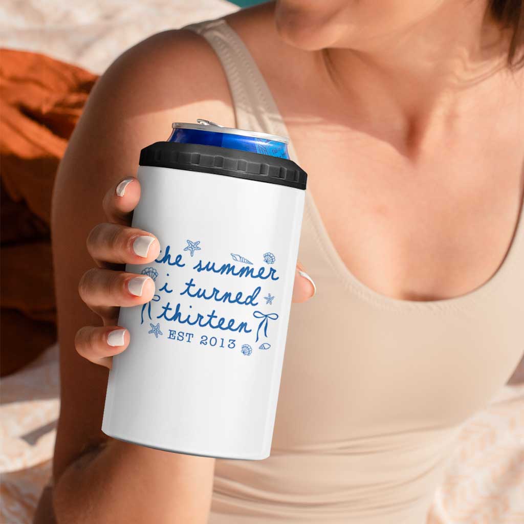The Summer I Turned Thirteen Funny 13th Birthday Est 2013 4 in 1 Can Cooler Tumbler Summer Coastal Birthday Seashell Bow