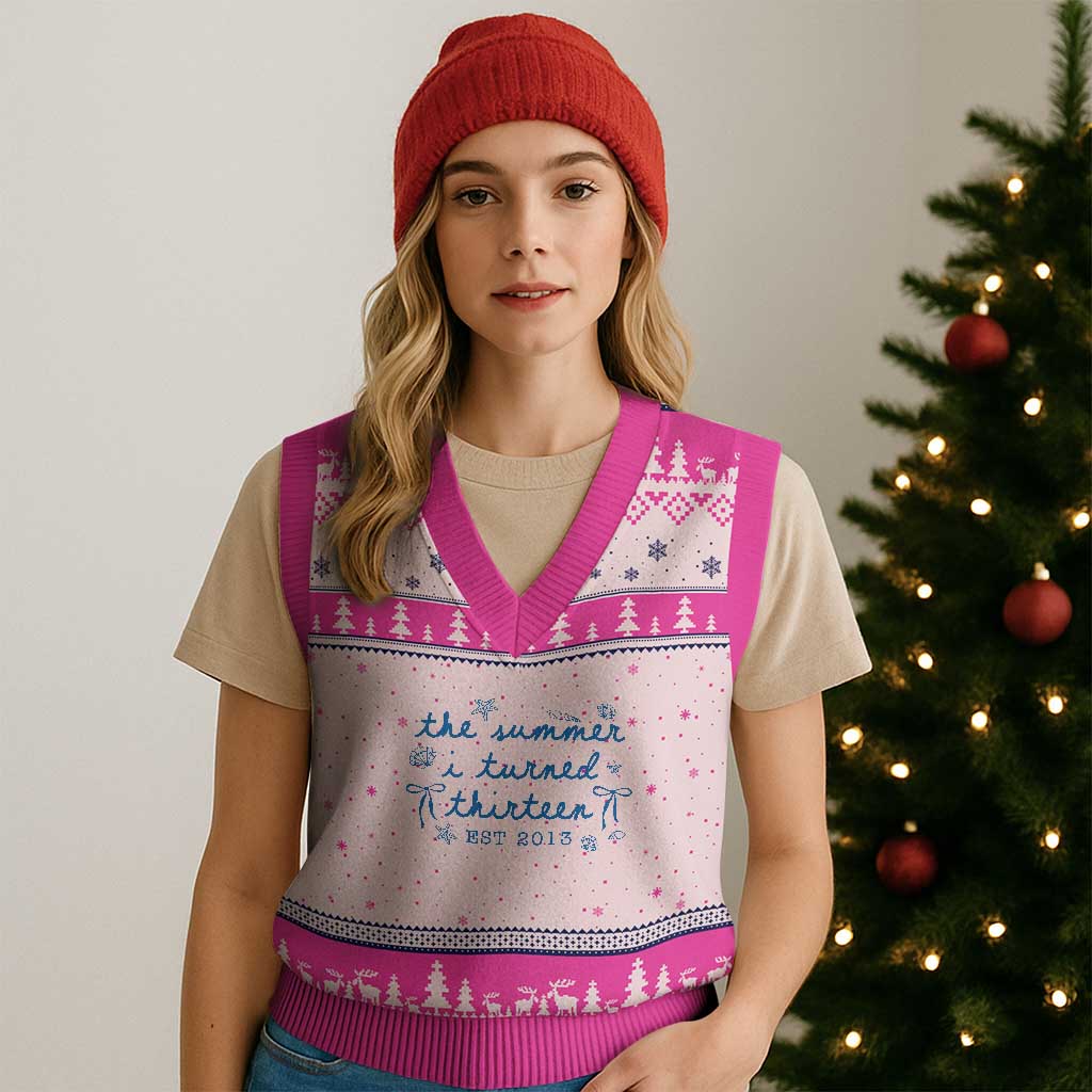 The Summer I Turned Thirteen Funny 13th Birthday Est 2013 V-Neck Knit Sweater Vest Summer Coastal Birthday Seashell Bow